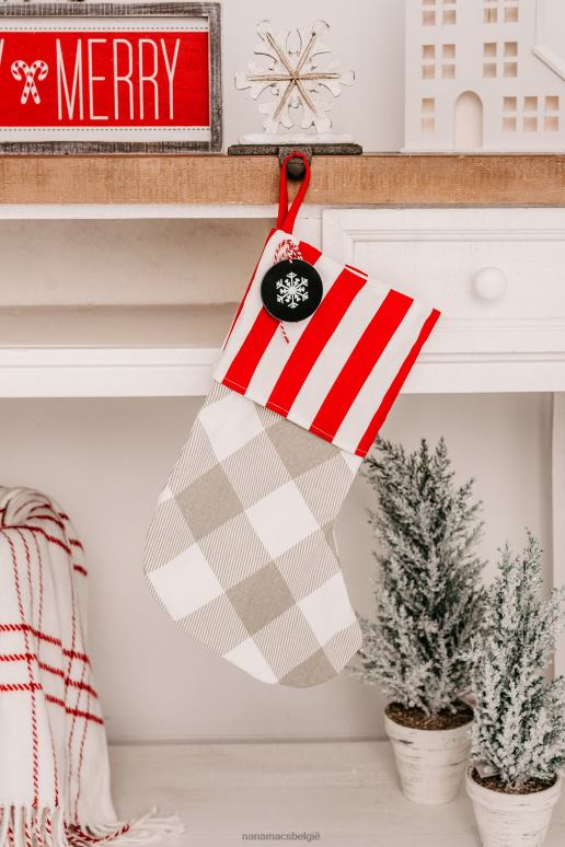 rood Wit geruite canvas kous met sneeuwvloklabel NanaMacs HPTT4548