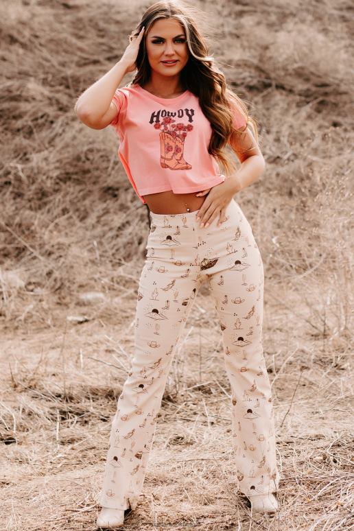 beige cowgirl moed western print twill flare broek NanaMacs HPTT3054