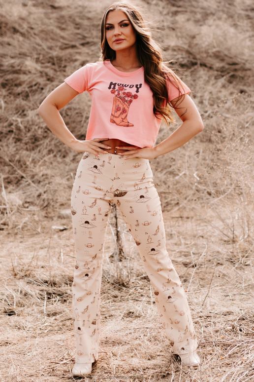 beige cowgirl moed western print twill flare broek NanaMacs HPTT3054