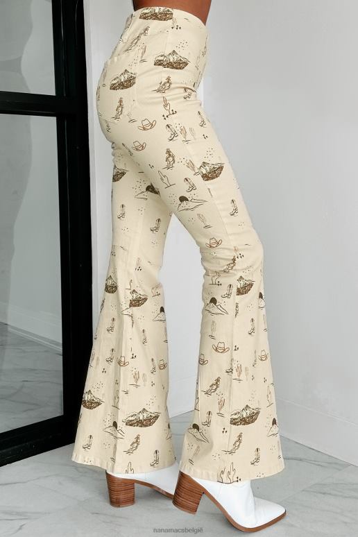 beige cowgirl moed western print twill flare broek NanaMacs HPTT3054