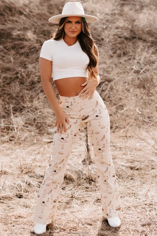 beige cowgirl moed western print twill flare broek NanaMacs HPTT3054