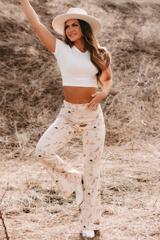 beige cowgirl moed western print twill flare broek NanaMacs HPTT3054