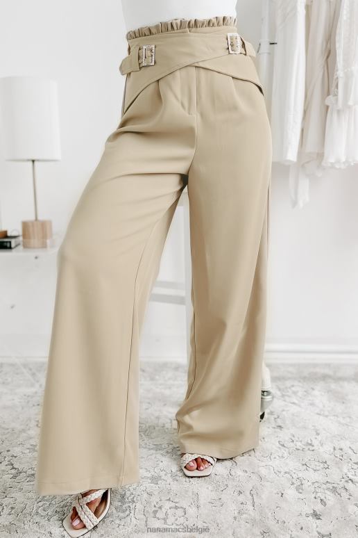 beige succesvolle damesbroek met hoge taille, wijde pijpen en gekruiste riem NanaMacs HPTT3029