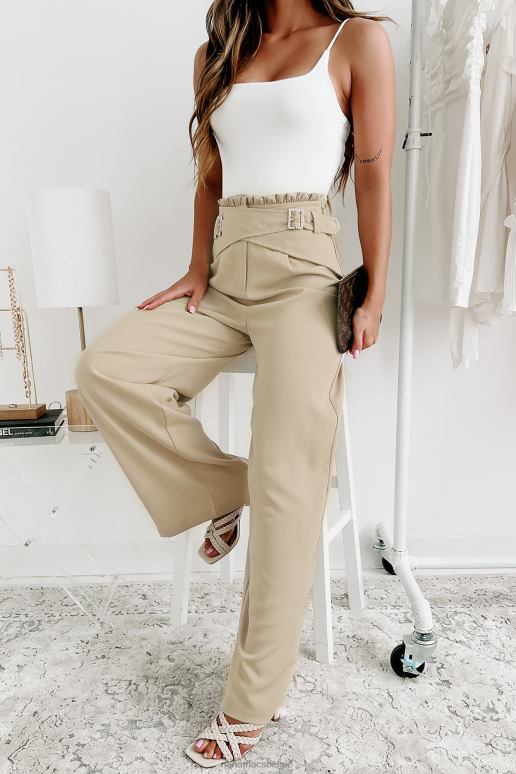 beige succesvolle damesbroek met hoge taille, wijde pijpen en gekruiste riem NanaMacs HPTT3029