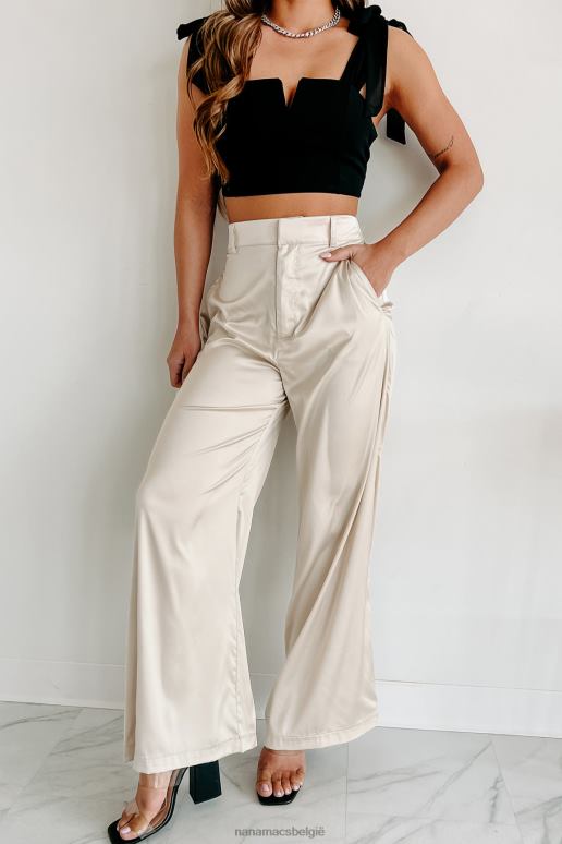 beige zet jezelf op de eerste plaats satijnen broek met wijde pijpen NanaMacs HPTT3037