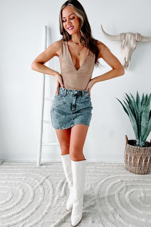 gewassen denim zonder aarzeling gestikte gedetailleerde denim minirok NanaMacs HPTT3297