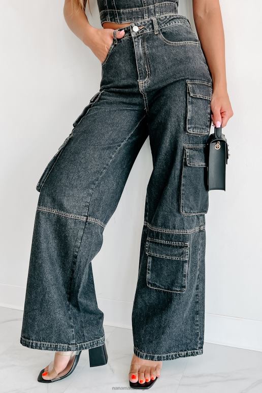 zwart Antonella cargojeans met hoge taille en wijde pijpen NanaMacs HPTT3132