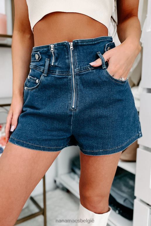 donkere denim forever retro denim short met hoge taille en rits aan de voorkant NanaMacs HPTT2877