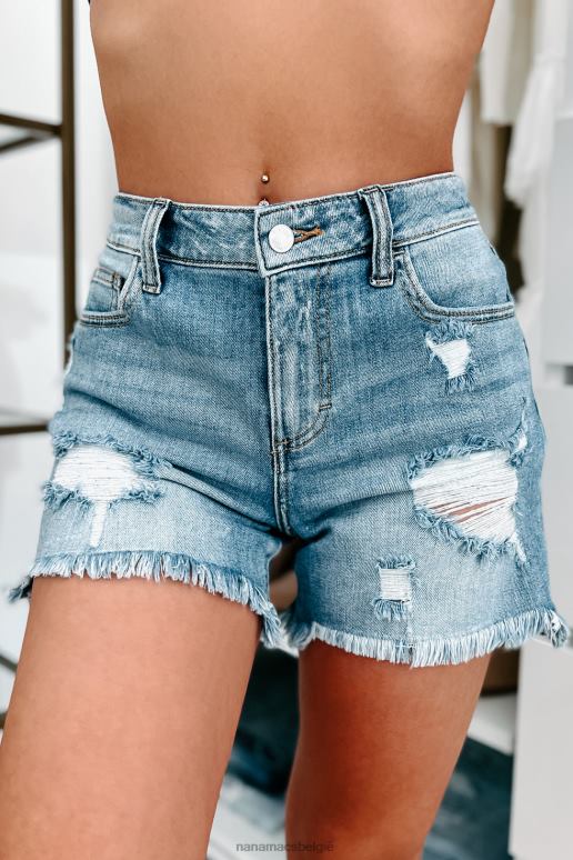 licht overal naartoe gaan verontruste denim celloshorts met hoge taille NanaMacs HPTT2883