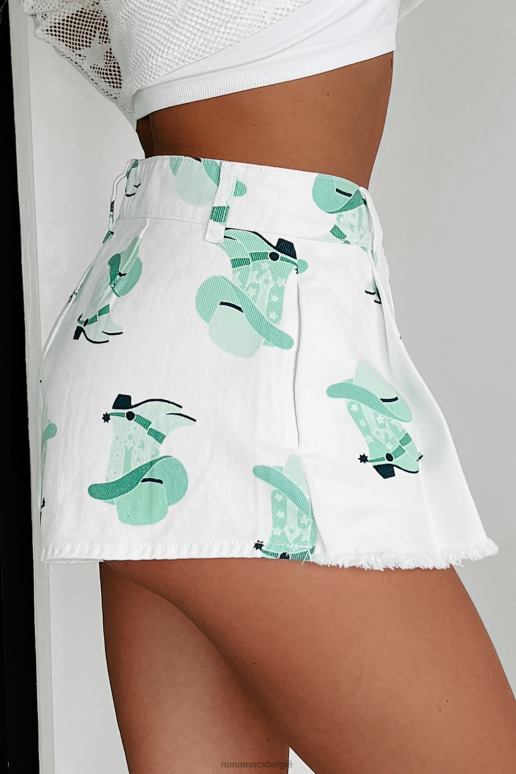 munt/wit howdy partner geplooide denim skort met westerse print NanaMacs HPTT2719