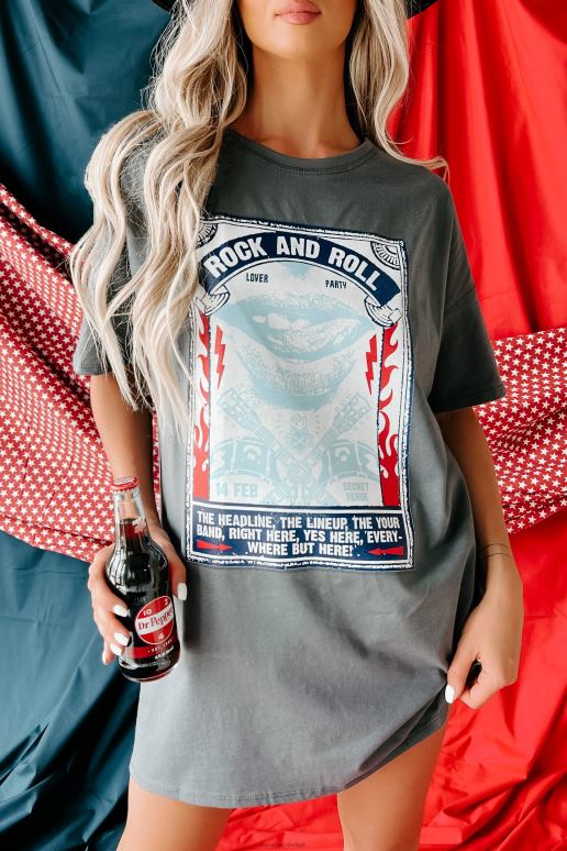houtskool Liberty Rocks oversized grafische T-shirtjurk NanaMacs HPTT3571
