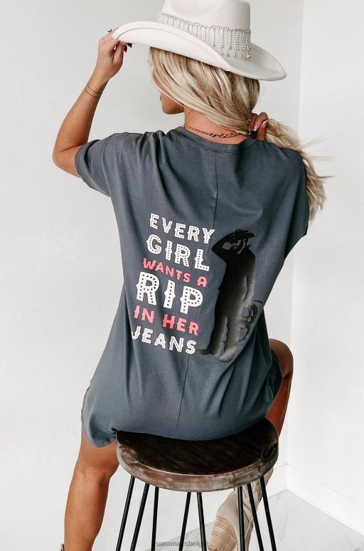 houtskool een scheur in haar dubbelzijdige grafische T-shirtjurk met spijkerbroek NanaMacs HPTT1084