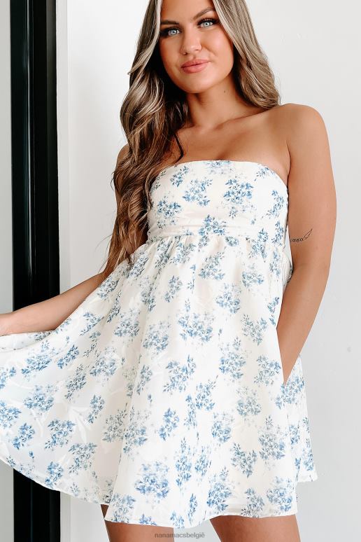 ivoor/blauw wijngaard romantiek bloemen strapless babydoll jurk NanaMacs HPTT1819