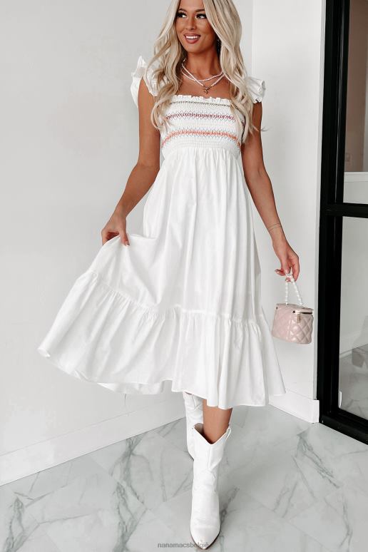 wit lois gesmokte midi-jurk met ruches NanaMacs HPTT2281