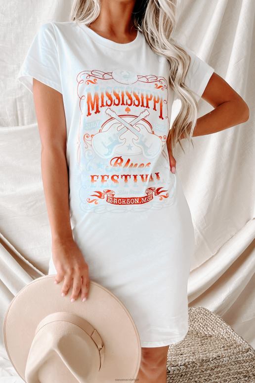 wit mississippi blues festival grafische t-shirtjurk NanaMacs HPTT3599