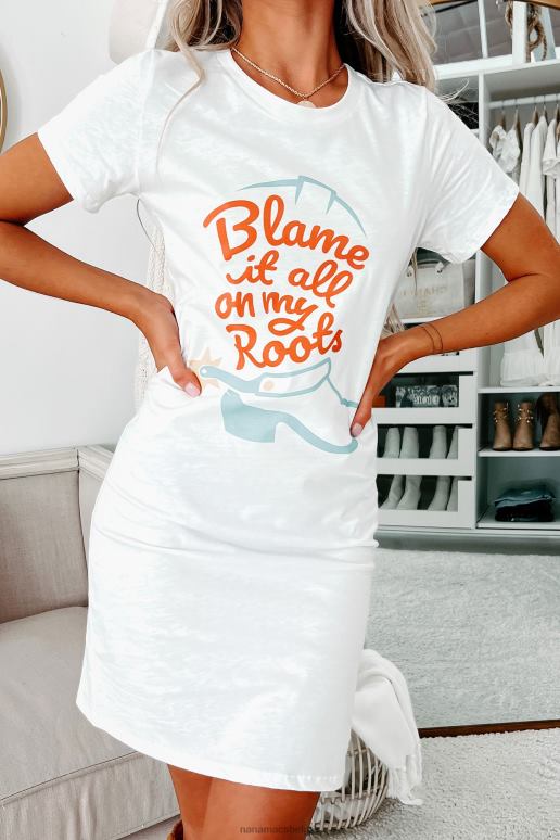 wit/oranje/lichtblauw geef het allemaal de schuld van mijn roots grafische t-shirtjurk NanaMacs HPTT3593