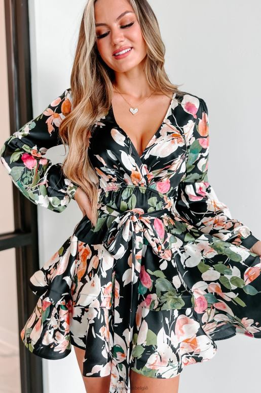 zwart bloemen mooie satijnen bloemenjurk met lange mouwen NanaMacs HPTT2158