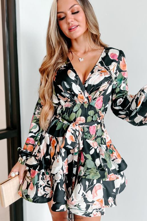 zwart bloemen mooie satijnen bloemenjurk met lange mouwen NanaMacs HPTT2158