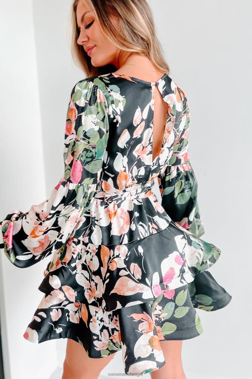 zwart bloemen mooie satijnen bloemenjurk met lange mouwen NanaMacs HPTT2158