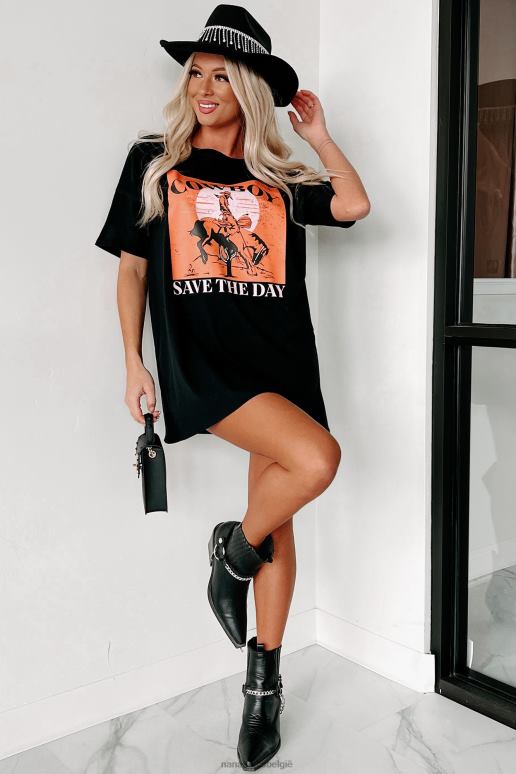 zwart cowboy save the day oversized grafische t-shirtjurk NanaMacs HPTT1081