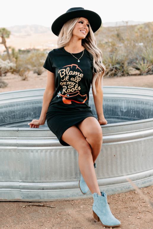 zwart geef het allemaal de schuld van mijn roots grafische t-shirtjurk NanaMacs HPTT3603