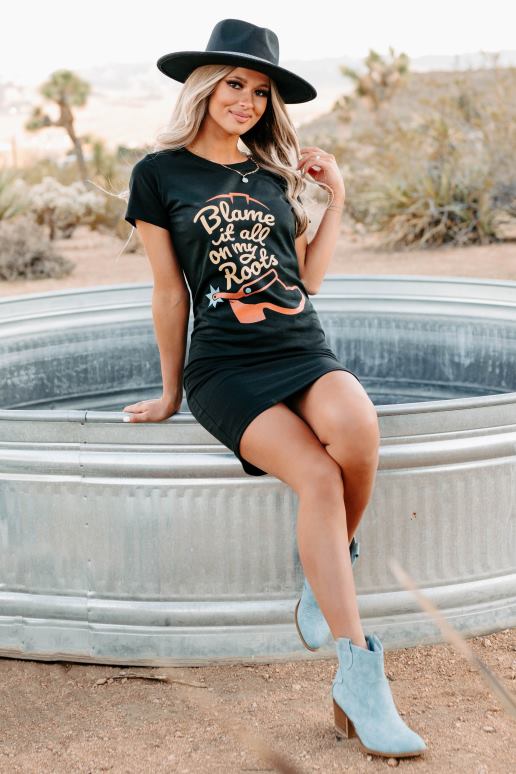 zwart geef het allemaal de schuld van mijn roots grafische t-shirtjurk NanaMacs HPTT3603