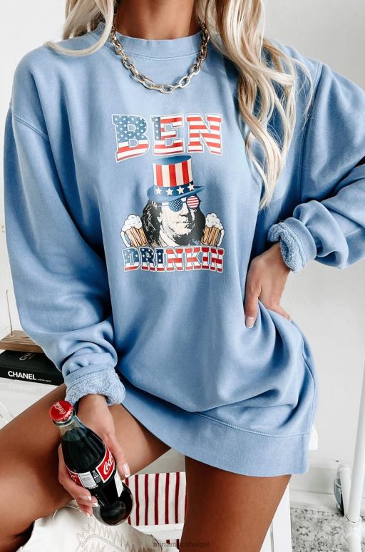 lichtblauw ben drinkin vintage wassing grafische trui NanaMacs HPTT1006