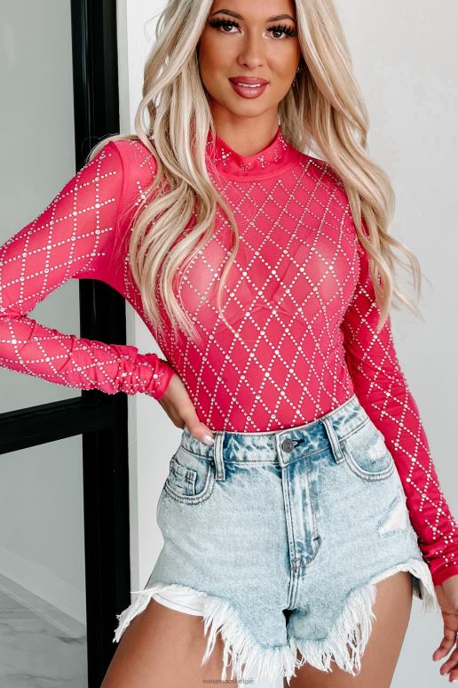 fuchsia afleidend je strass mesh bodysuit NanaMacs HPTT353