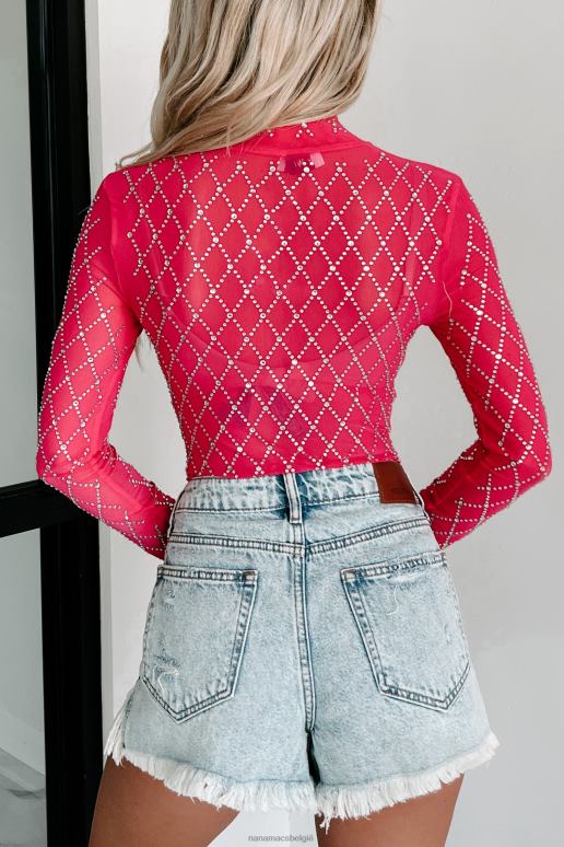fuchsia afleidend je strass mesh bodysuit NanaMacs HPTT353