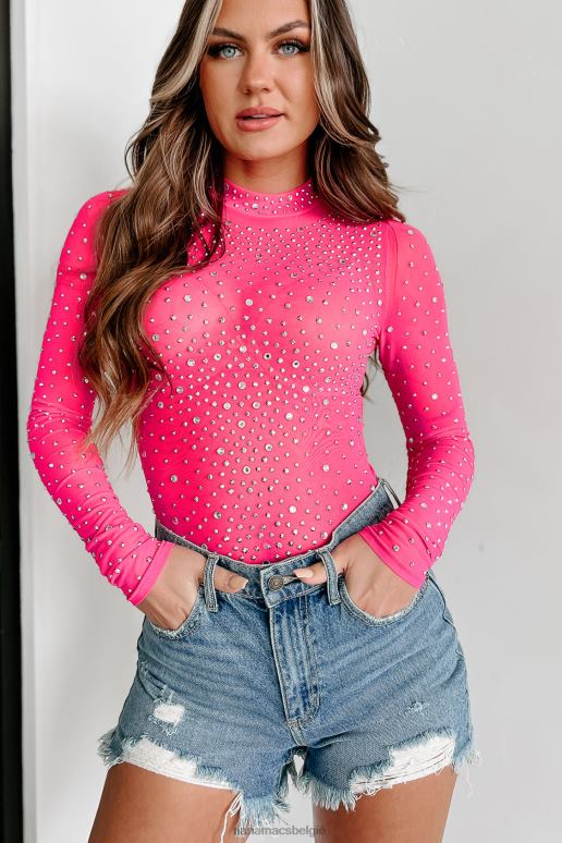 roze waardoor mensen mesh strass bodysuit opmerken NanaMacs HPTT362