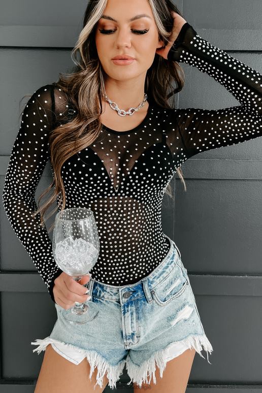 zwart bucking the system strass mesh bodysuit met lange mouwen NanaMacs HPTT454
