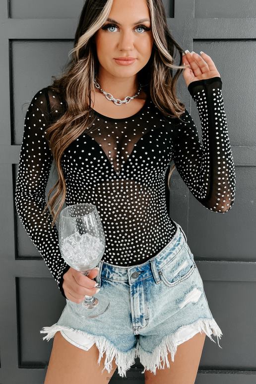 zwart bucking the system strass mesh bodysuit met lange mouwen NanaMacs HPTT454