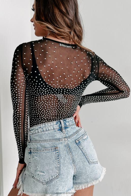 zwart bucking the system strass mesh bodysuit met lange mouwen NanaMacs HPTT454