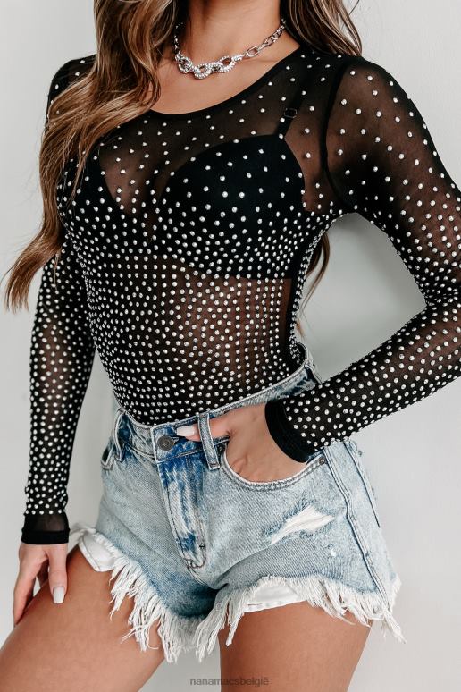 zwart bucking the system strass mesh bodysuit met lange mouwen NanaMacs HPTT454