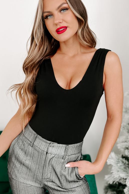 zwart erin originele mouwloze v-hals bodysuit NanaMacs HPTT285