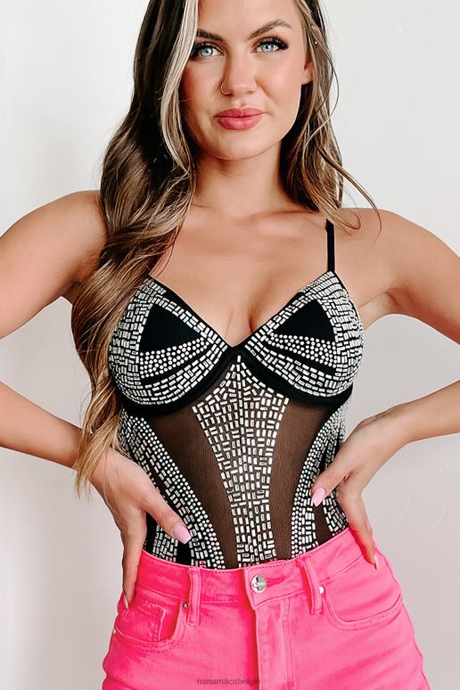 zwart gemaakt voor bewondering gewatteerde strass mesh bodysuit NanaMacs HPTT395