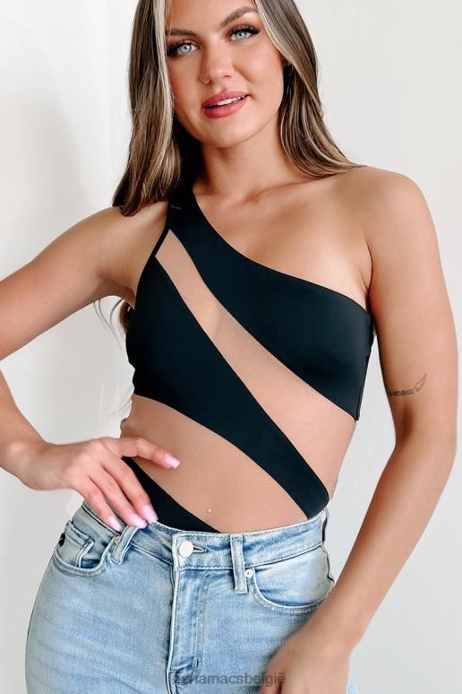 zwart/naakt bodysuit met één schouder mesh-paneel met slechte reputatie NanaMacs HPTT396