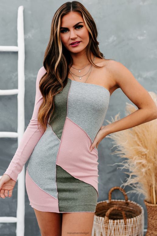 stoffige roos krijg gehypte bodycon-jurk met één schouder in kleur geblokkeerd NanaMacs HPTT2461