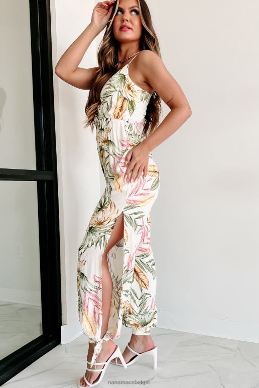 creme multi bevatten de zon jumpsuit met enkelbandje en tropische print NanaMacs HPTT2582