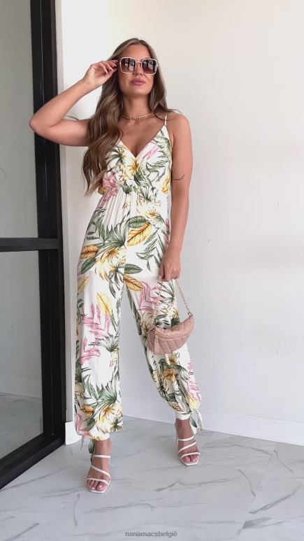 creme multi bevatten de zon jumpsuit met enkelbandje en tropische print NanaMacs HPTT2582