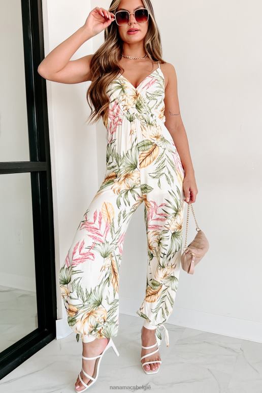 creme multi bevatten de zon jumpsuit met enkelbandje en tropische print NanaMacs HPTT2582