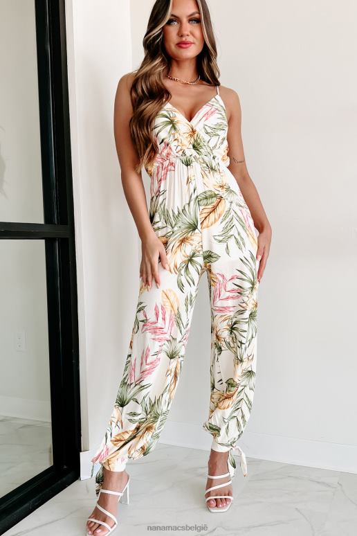 creme multi bevatten de zon jumpsuit met enkelbandje en tropische print NanaMacs HPTT2582