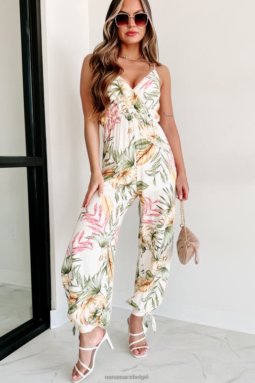 creme multi bevatten de zon jumpsuit met enkelbandje en tropische print NanaMacs HPTT2582