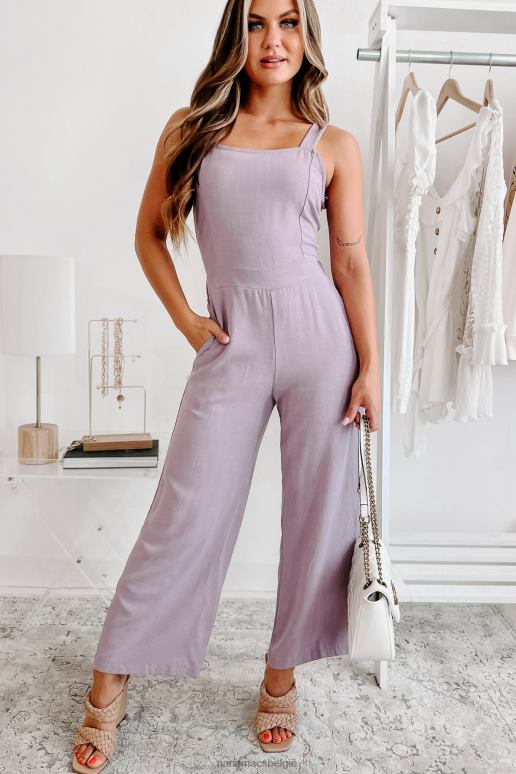 donkere lavendel bijeenkomst op de markt linnen jumpsuit met gestrikte rug NanaMacs HPTT2514