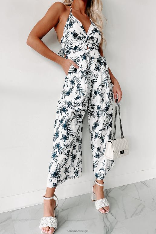 marine/wit verstrikt raken bloemen halter jumpsuit met wijde pijpen NanaMacs HPTT2606
