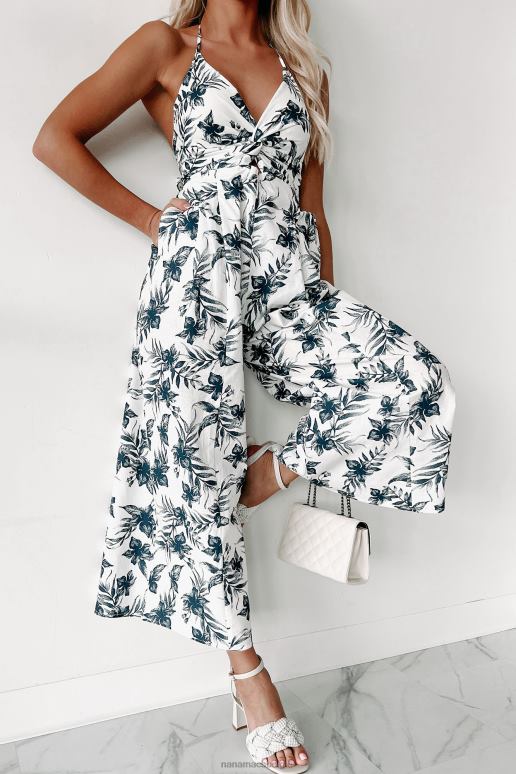 marine/wit verstrikt raken bloemen halter jumpsuit met wijde pijpen NanaMacs HPTT2606