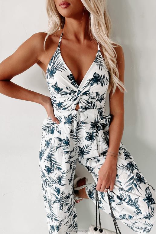 marine/wit verstrikt raken bloemen halter jumpsuit met wijde pijpen NanaMacs HPTT2606