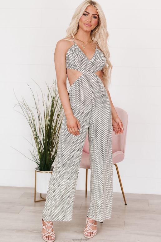 wit/kaki geo druk terugspoelen halter jumpsuit met uitsparing NanaMacs HPTT2665