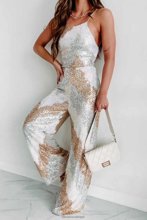 zilver multi feestmode jumpsuit met wijde pijpen en pailletten NanaMacs HPTT2609