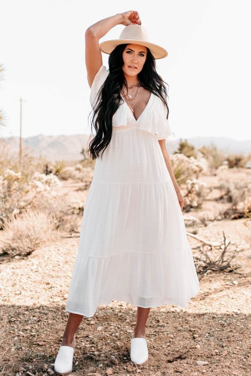 gebroken wit lieve meisjes maxi-jurk met ruches aan de mouwen en v-hals NanaMacs HPTT2428